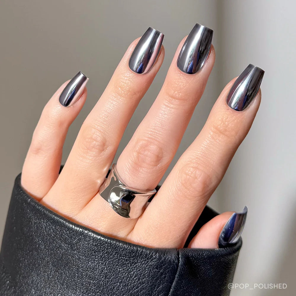 Gunmetal 3d sculptural press-on nails - coffin/ballerina shape, front view