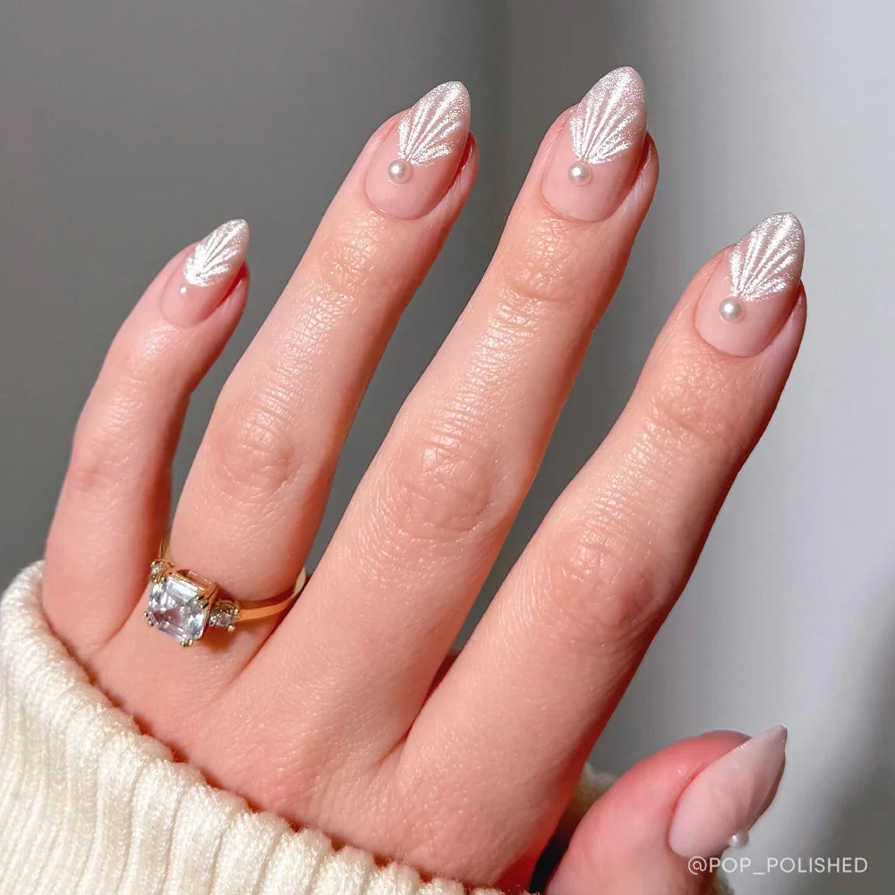 Honeymoon cat-eye velvet press-on nails - almond shape, front view