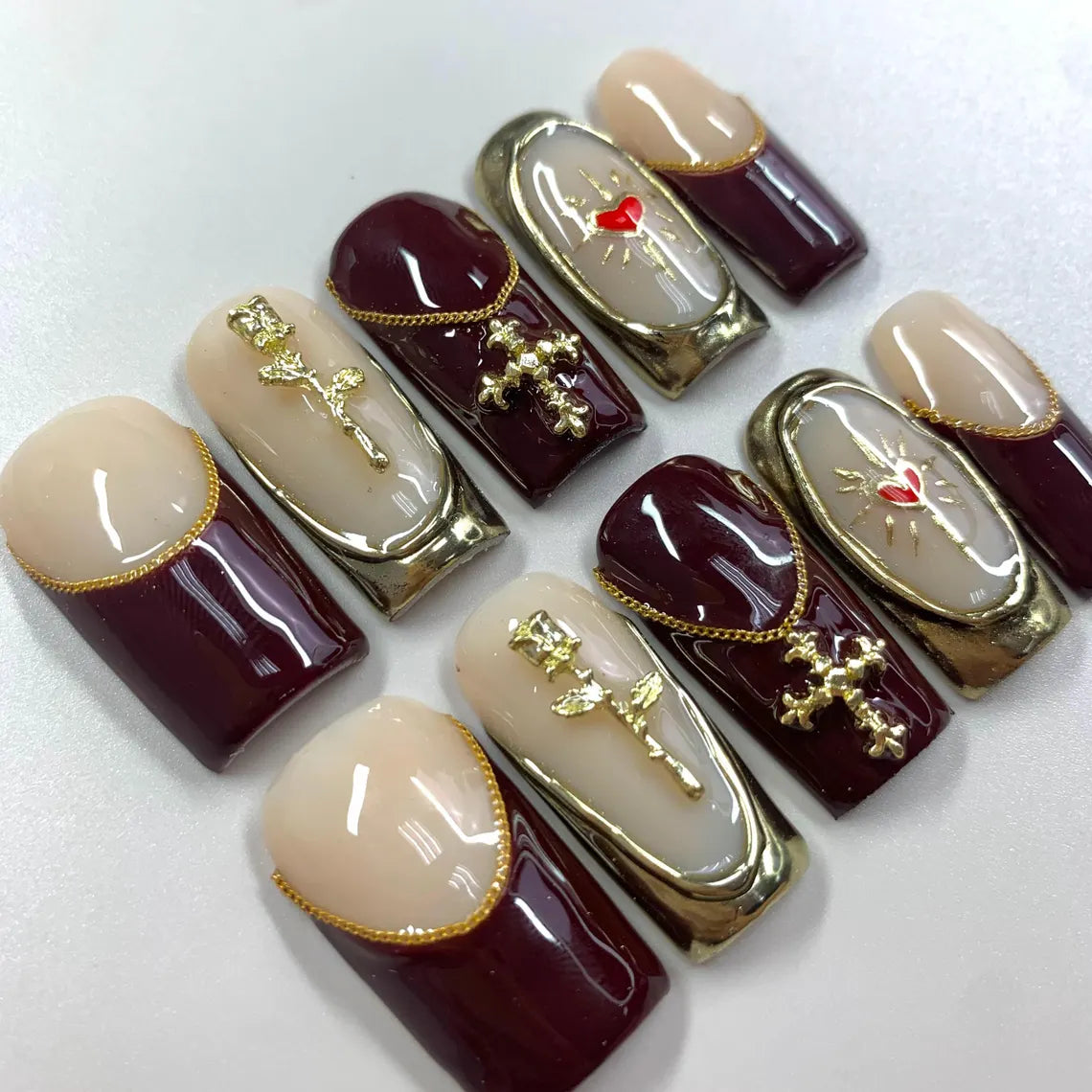Divine Elegance press-on nails close-up texture detail - floral finish, US shipping