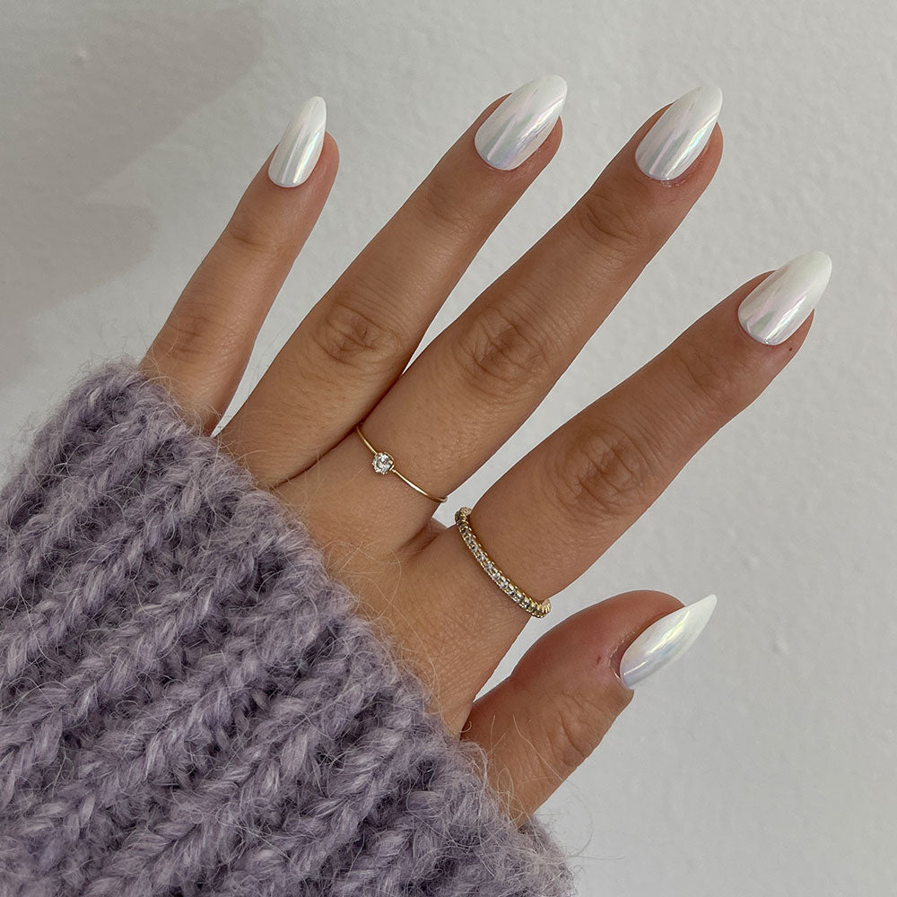 Moonlight milky cloud dancer press-on nails - almond shape, front view