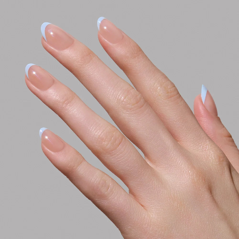 Into Blue press-on nails close-up texture detail - dipped french finish, US shipping