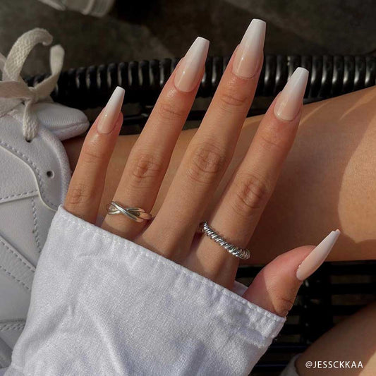 Creme de Nude french tip press-on nails - coffin/ballerina shape, front view