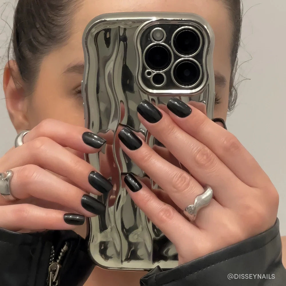 Jet Black press-on nails close-up texture detail - seasonal finish, US shipping