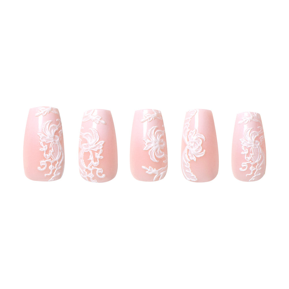 Lace Blush press-on nails close-up texture detail - milky cloud dancer finish, US shipping