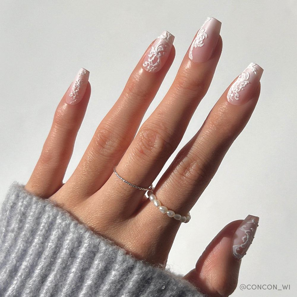 Lace Blush milky cloud dancer press-on nails - coffin/ballerina shape, front view