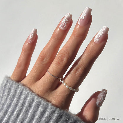 Lace Blush milky cloud dancer press-on nails - coffin/ballerina shape, front view