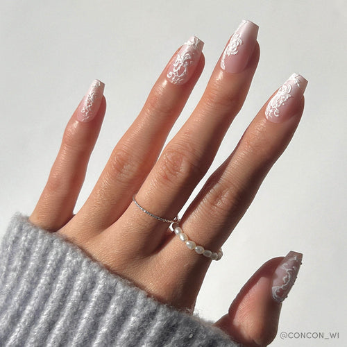 Lace Blush milky cloud dancer press-on nails - coffin/ballerina shape, front view