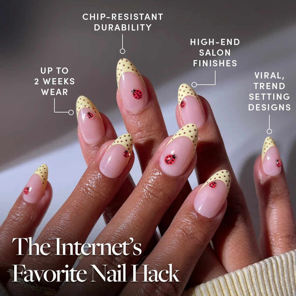 Lady Luck press-on nails close-up texture detail - polka dot finish, US shipping