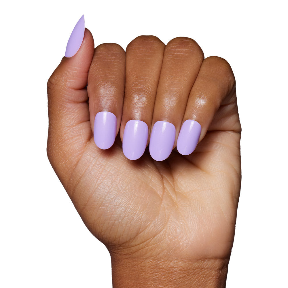 Lilac press-on nails on hand - lifestyle photo, floral finish
