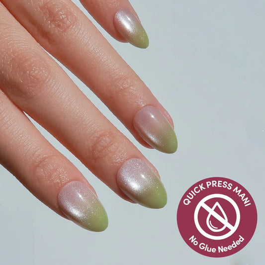 Lime Beam cat-eye velvet press-on nails - almond shape, front view