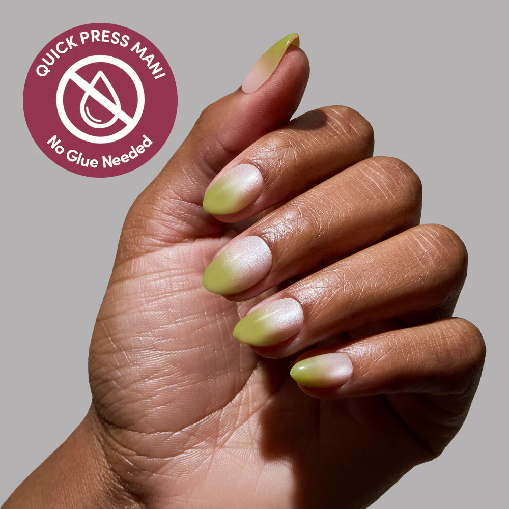 Lime Beam press-on nails on hand - lifestyle photo, cat-eye velvet finish
