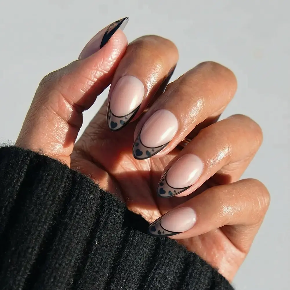 Love Noir french tip press-on nails - almond shape, front view