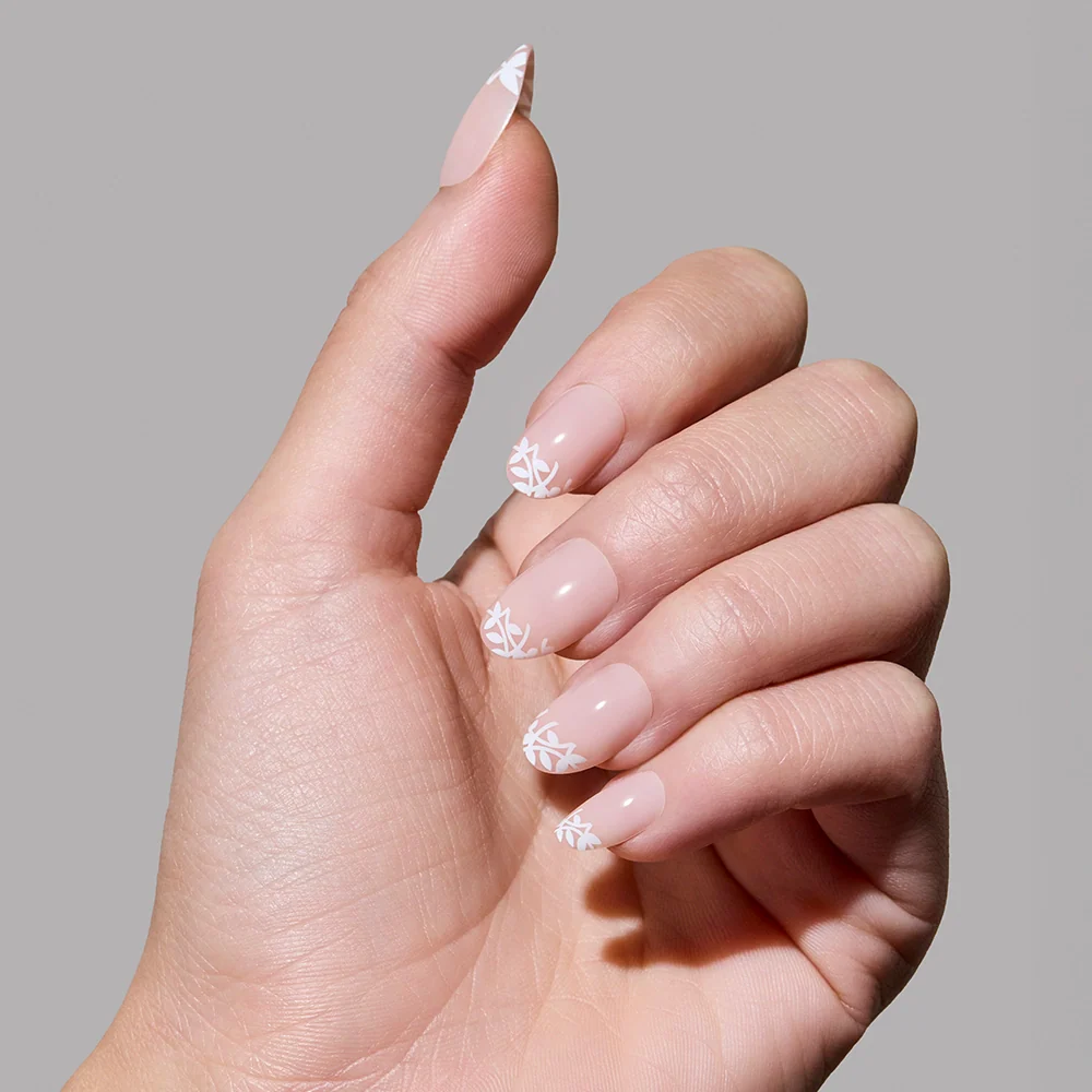 Love Preserved press-on nails on hand - lifestyle photo, milky cloud dancer finish
