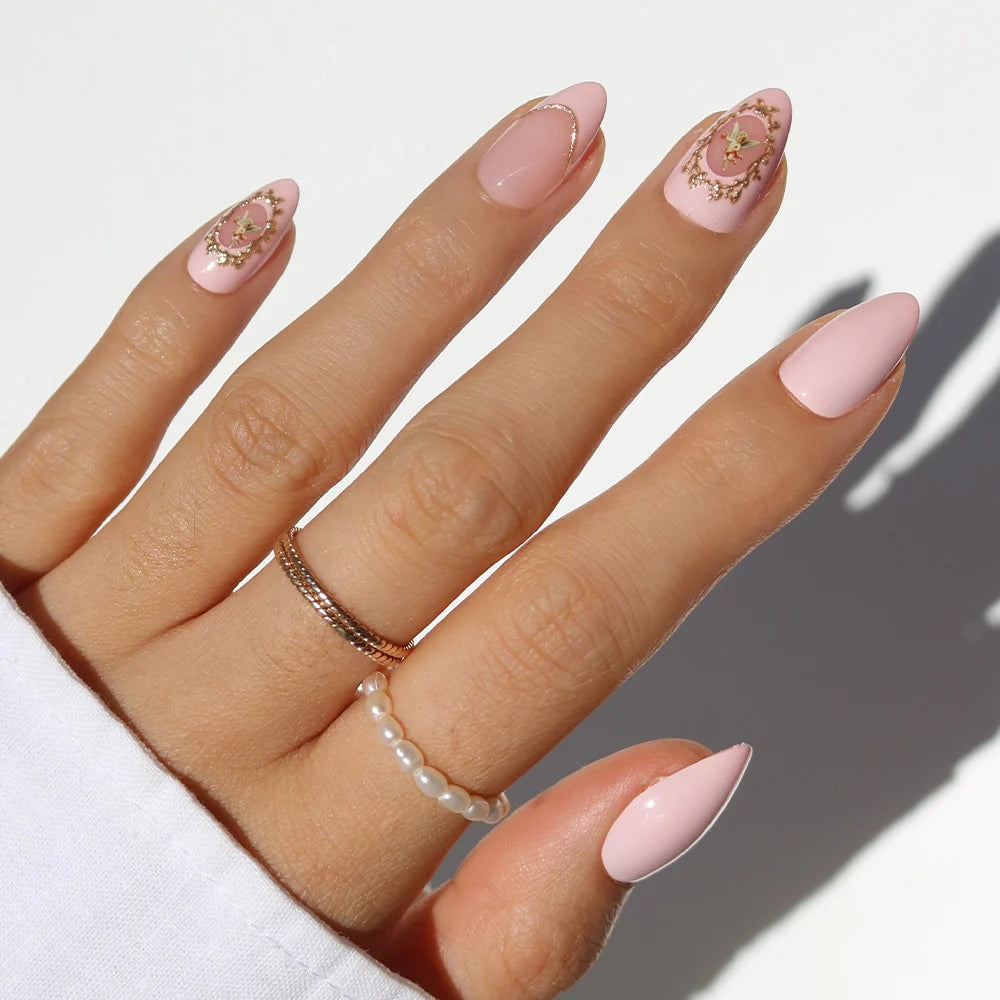 Lover's Crest french tip press-on nails - almond shape, front view