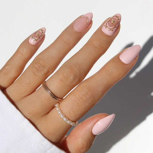 Lover's Crest french tip press-on nails - almond shape, front view