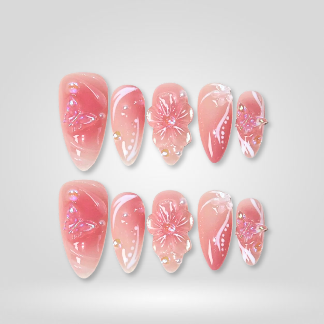 Blush Bloom floral press-on nails - almond shape, front view