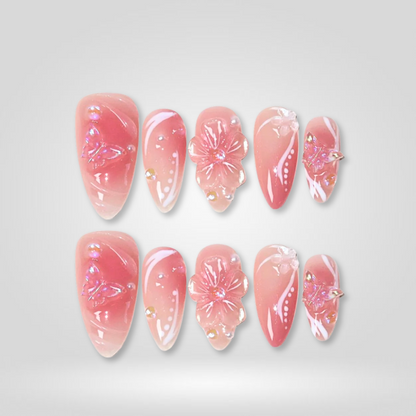 Blush Bloom floral press-on nails - almond shape, front view