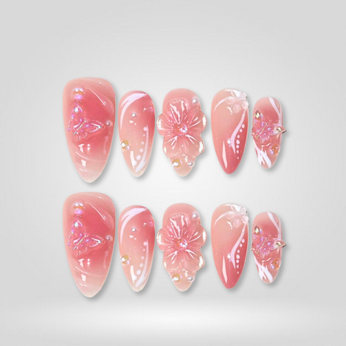 Blush Bloom floral press-on nails - almond shape, front view