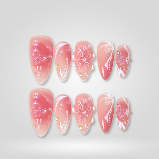 Blush Bloom floral press-on nails - almond shape, front view