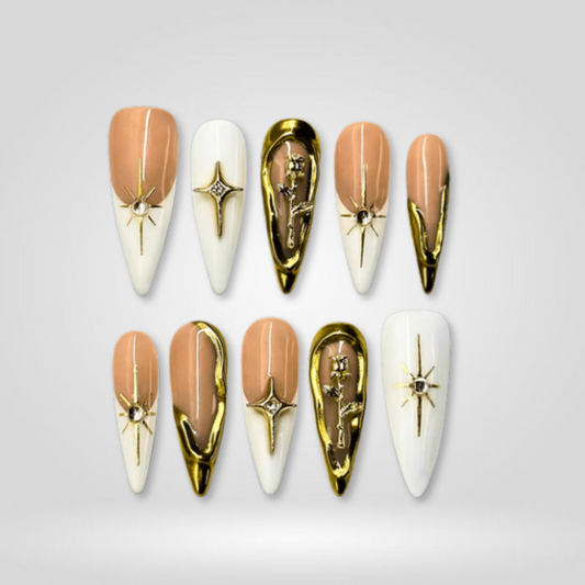 Golden Star soft neutral press-on nails - almond shape, front view