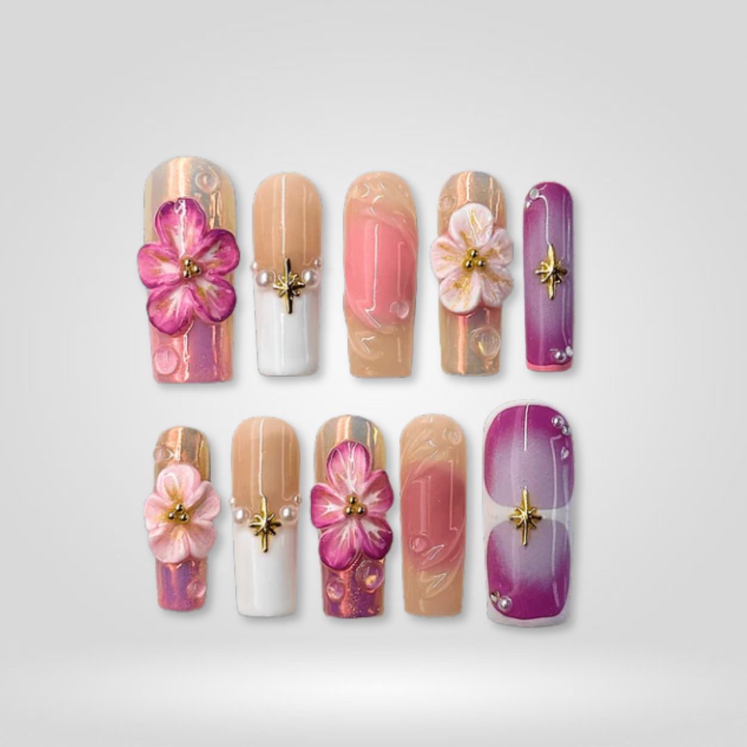Sakura Shine floral press-on nails - square shape, front view