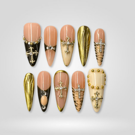 Savanna Glitz soft neutral press-on nails - almond shape, front view