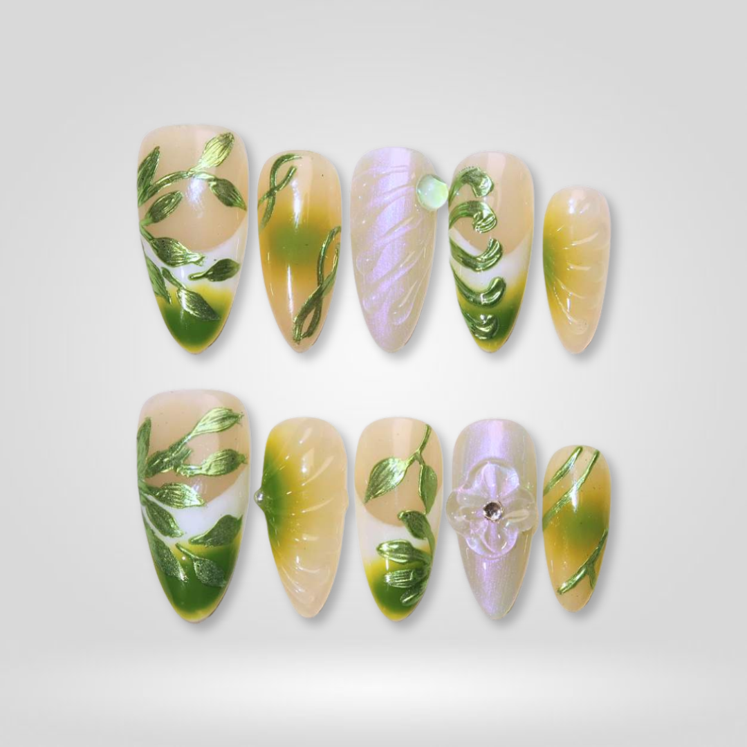 Blooming Serenity milky cloud dancer press-on nails - almond shape, front view