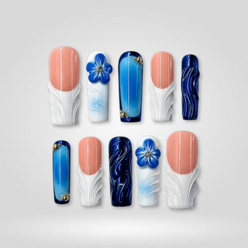 Ocean Bloom 3d sculptural press-on nails - square shape, front view
