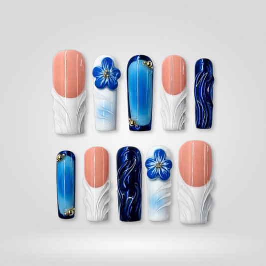 Ocean Bloom 3d sculptural press-on nails - square shape, front view