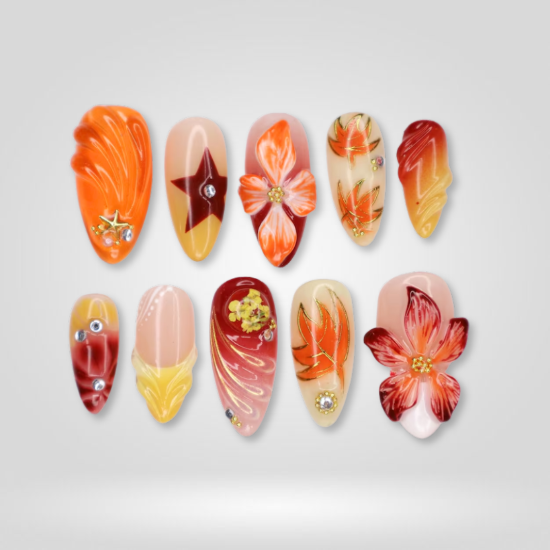 Vintage Bloom 3d sculptural press-on nails - almond shape, front view