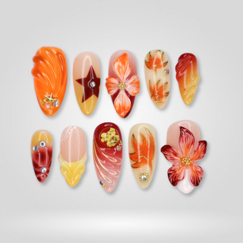 Vintage Bloom 3d sculptural press-on nails - almond shape, front view