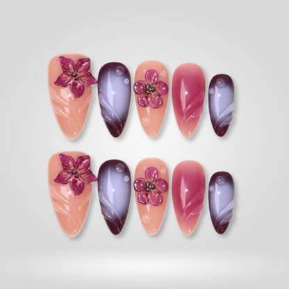 Luxe Bloom floral press-on nails - almond shape, front view