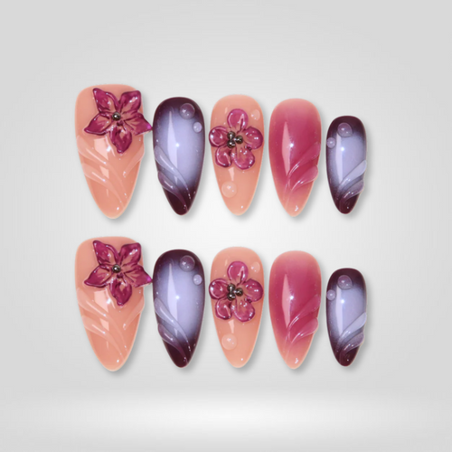 Luxe Bloom floral press-on nails - almond shape, front view