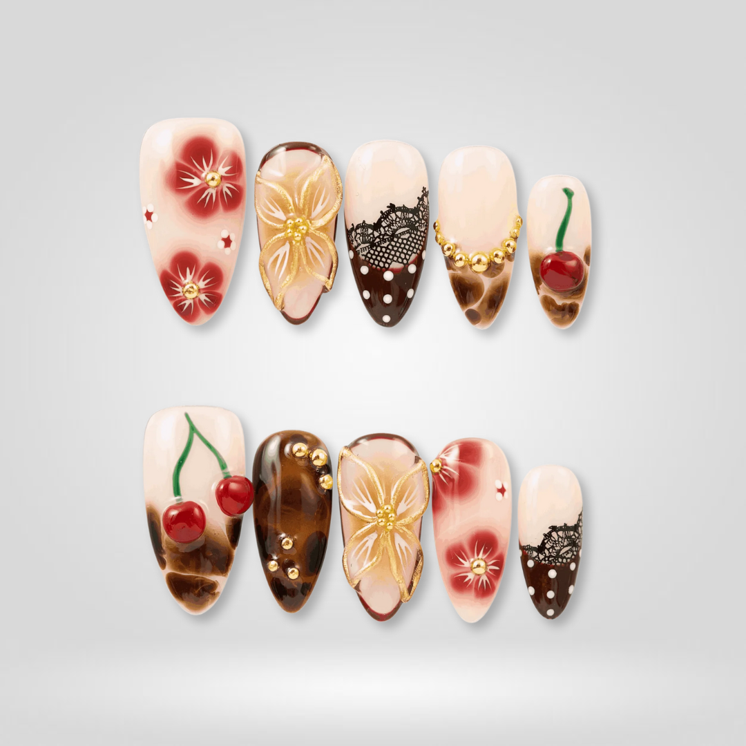Autumn Blossom floral press-on nails - almond shape, front view