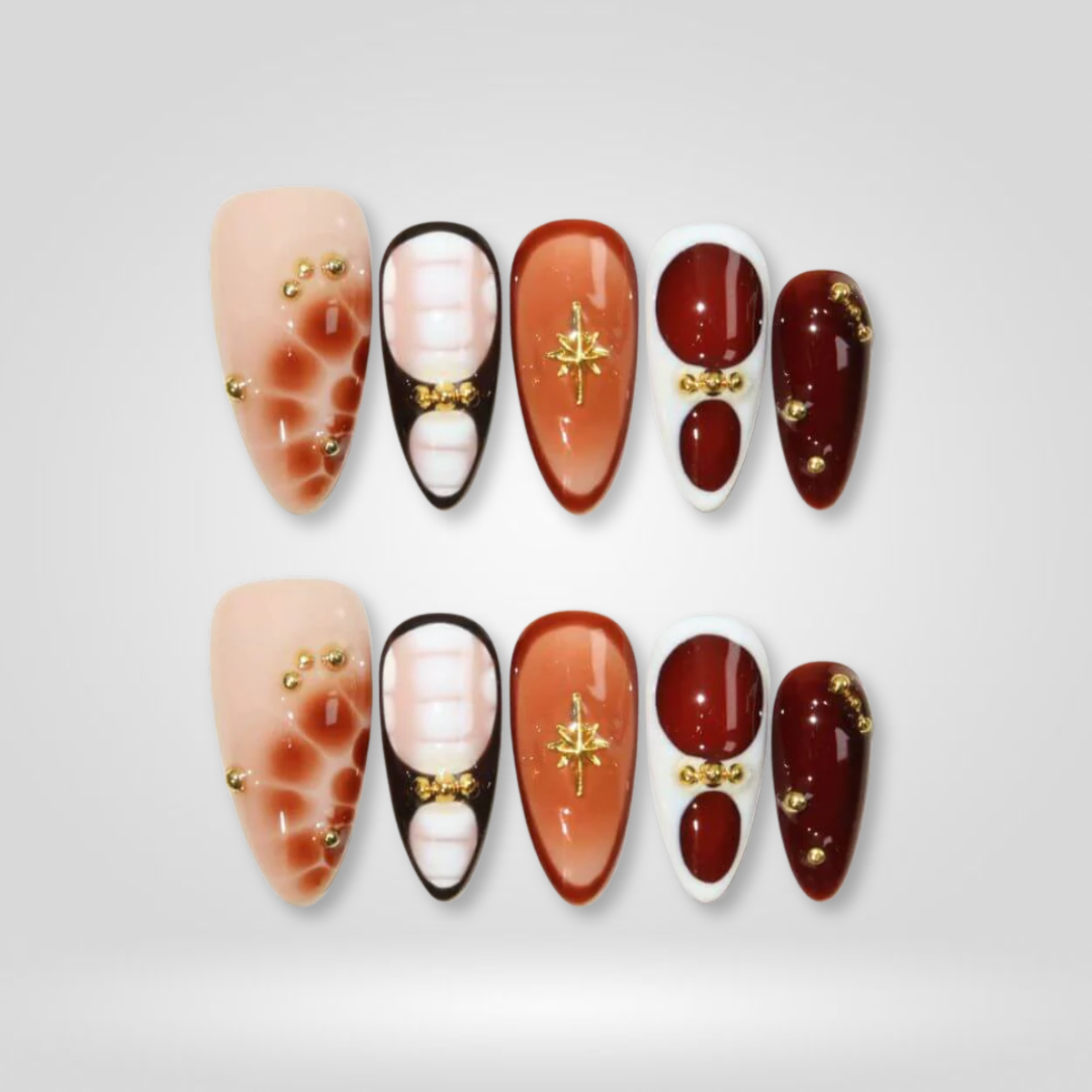 Amber Flora soft neutral press-on nails - almond shape, front view