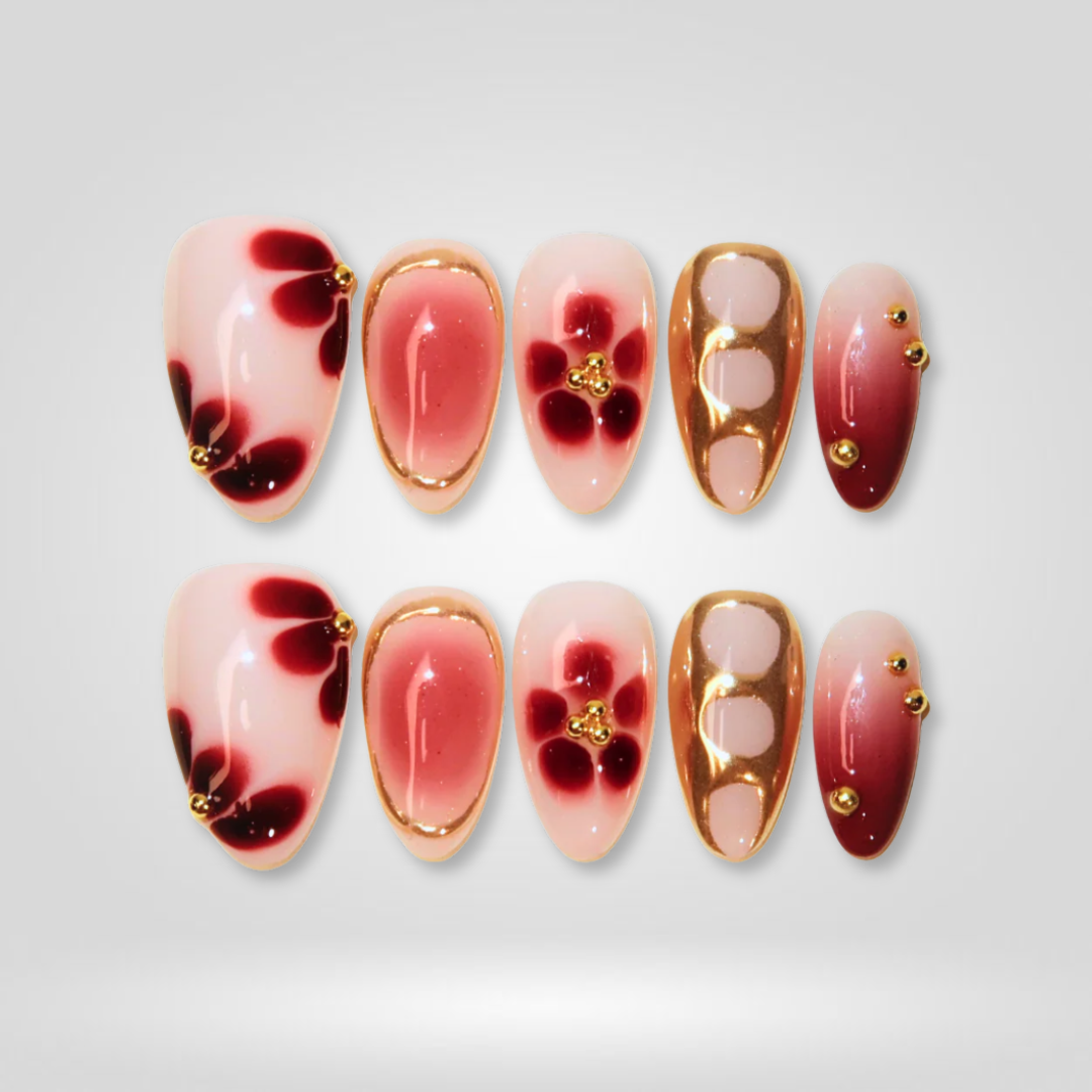 Maple Petal floral press-on nails - almond shape, front view