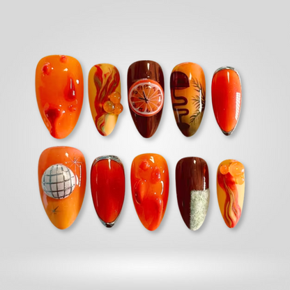 Harvest Bloom floral press-on nails - almond shape, front view