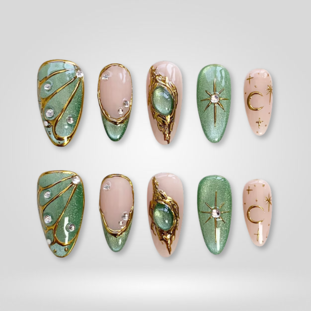 Emerald Moon soft neutral press-on nails - almond shape, front view