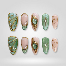 Emerald Moon soft neutral press-on nails - almond shape, front view