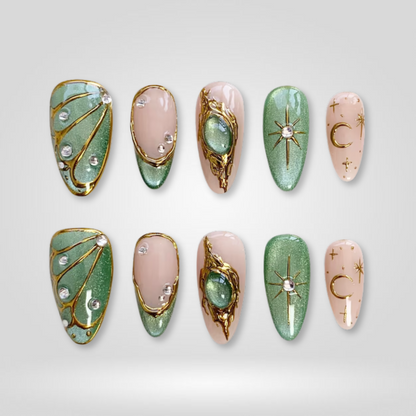 Emerald Moon soft neutral press-on nails - almond shape, front view