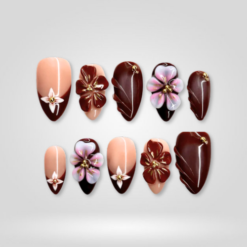 Mocha Bloom floral press-on nails - almond shape, front view