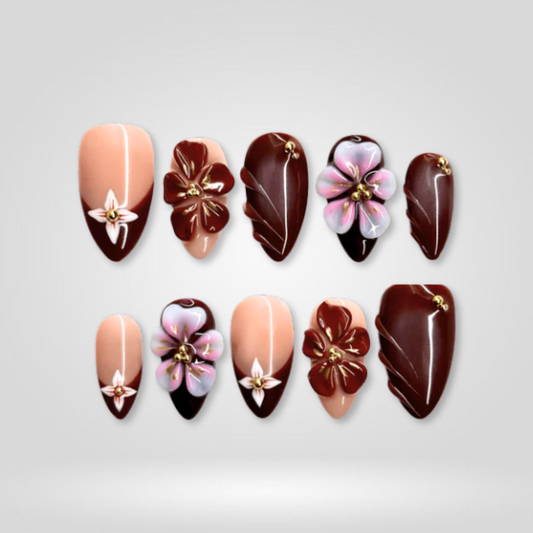 Mocha Bloom floral press-on nails - almond shape, front view