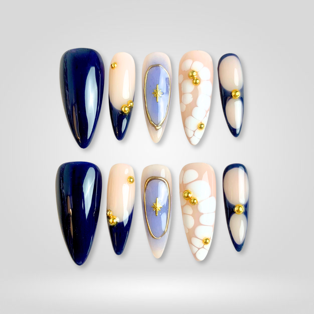 Midnight Elegance french tip press-on nails - almond shape, front view