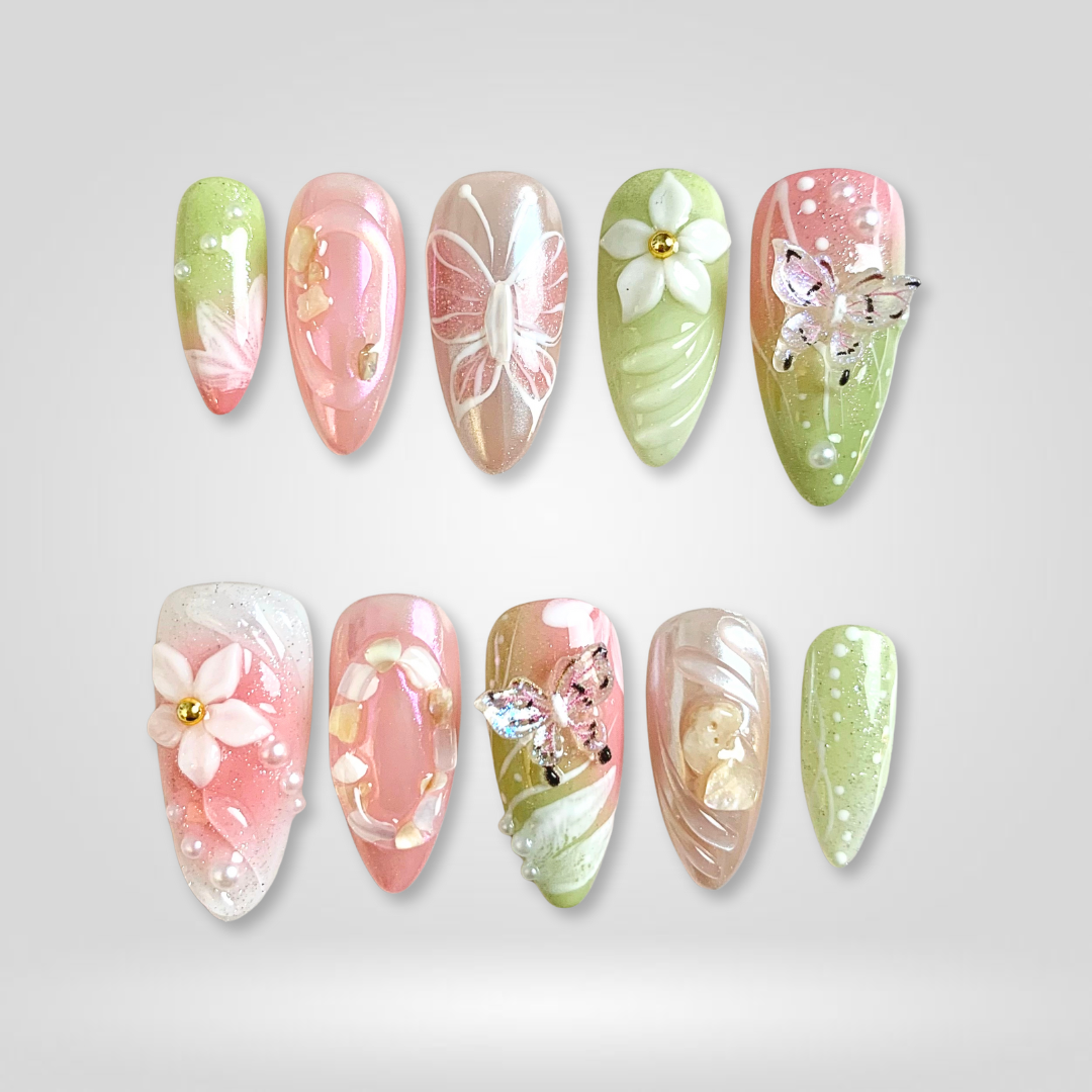 Whimsical Garden milky cloud dancer press-on nails - almond shape, front view