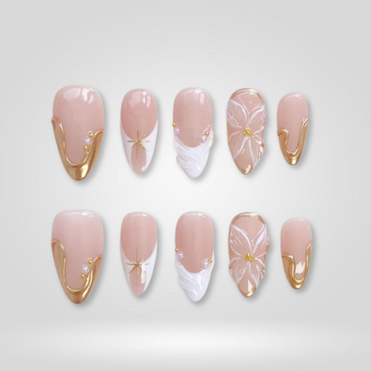 Golden Petal floral press-on nails - almond shape, front view
