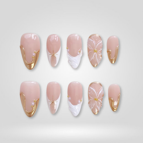 Golden Petal floral press-on nails - almond shape, front view