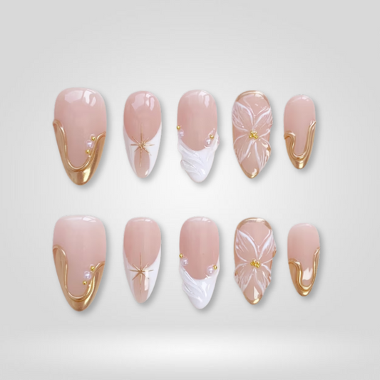 Golden Petal floral press-on nails - almond shape, front view