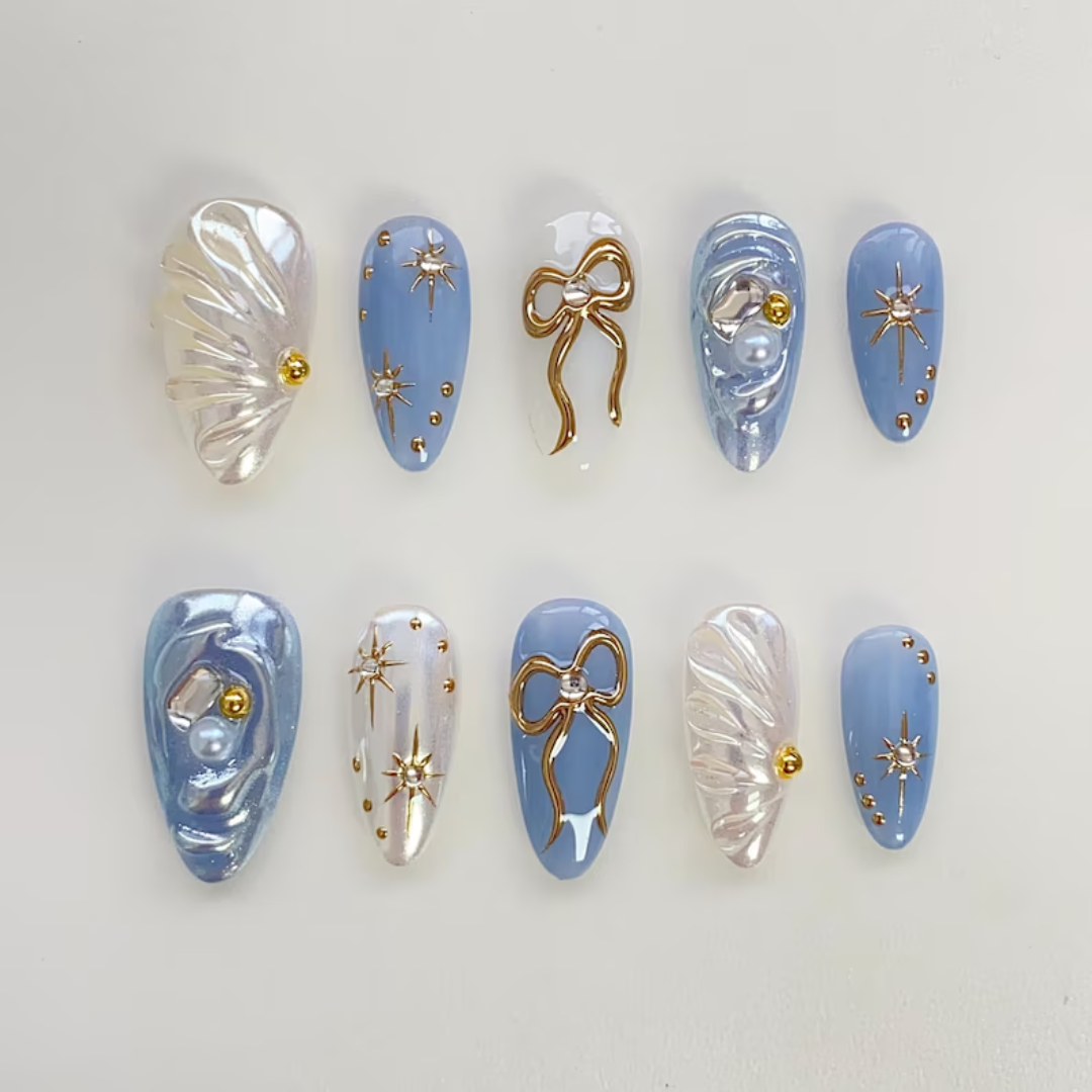 Blue Pearl Bow milky cloud dancer press-on nails - almond shape, front view