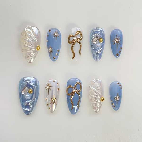 Blue Pearl Bow | Milky Cloud Dancer Almond Press-Ons press-on nail set