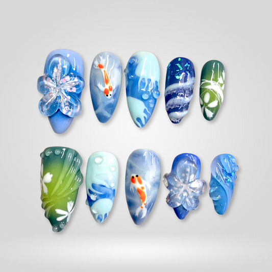 Ocean Koi & Jellyfish 3d sculptural press-on nails - almond shape, front view